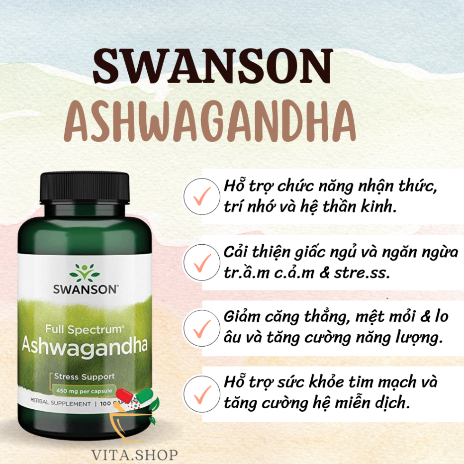 Swanson Full Sprectrum Ashwagandha 900mg Viên uống nhân sâm Ấn Độ giảm căng thẳng và tăng năng lượng
