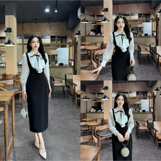 Váy thiết kế Evii E55 dành cho nữ Đầm thiết kế phối tơ mềm bèo trước dây nơ may liền dài tay dáng bút chì xuông