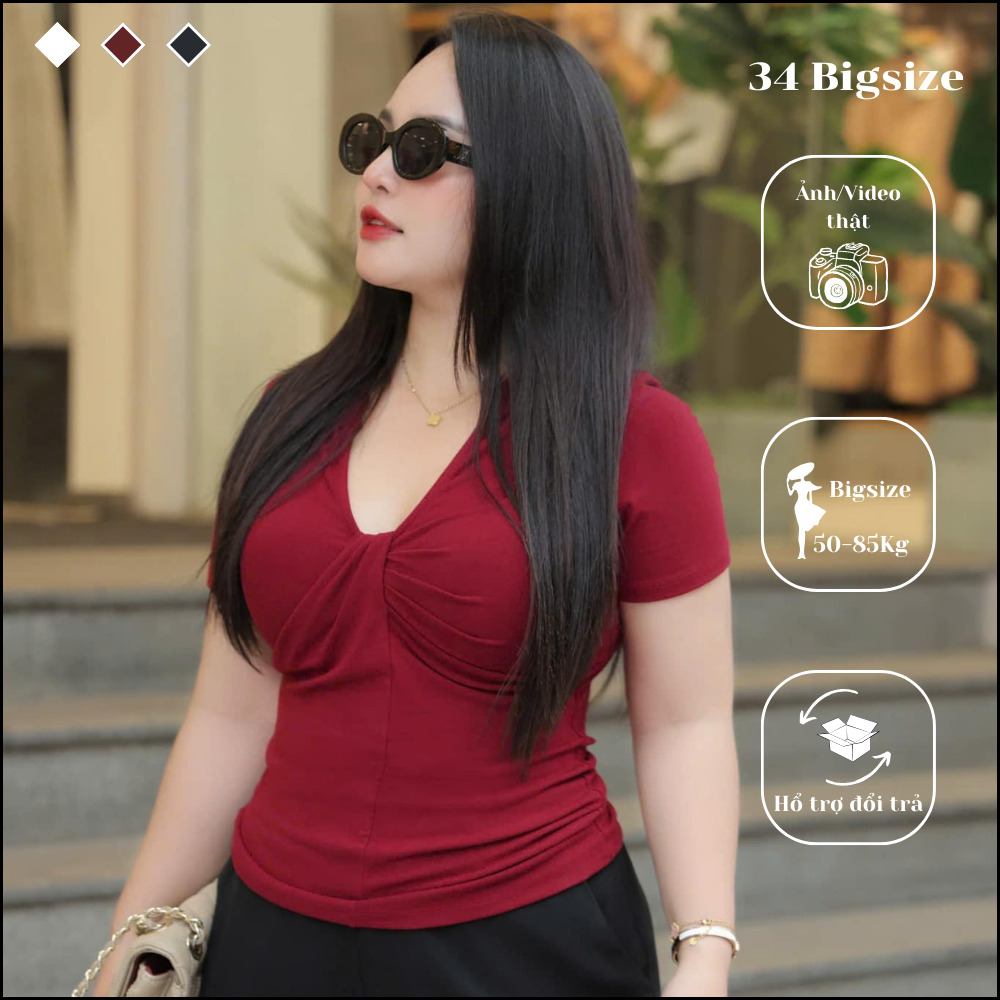 Áo thun bigsize xoắn cổ V 34AT044, áo thun tay ngăn nữ 34 Bigsize phong cách trẻ trung sang chảnh