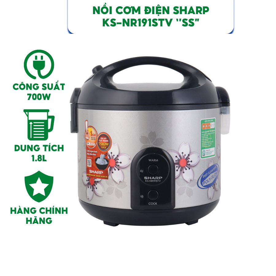 Nồi cơm điện Sharp KS-NR191STV ''SS'' dung tích 1.8L - Hàng chính hãng bảo hành 12 tháng.
