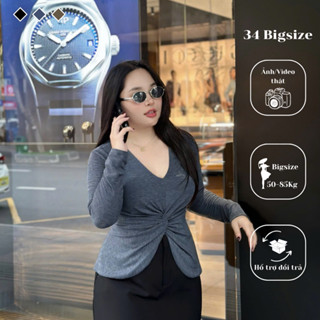 Áo thun bigsize vằn tay dài 34AT040, áo thun xoắn eo 34 Bigsize cho nữ tôn dáng đi làm đi chơi