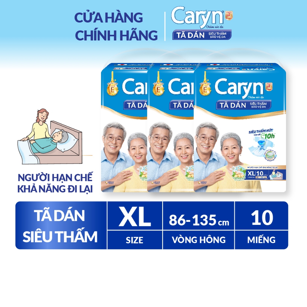Bộ 3 Tã/Bỉm dán người lớn siêu thấm Caryn dành cho người hạn chế khả năng đi lại Size XL (10/20pcs)