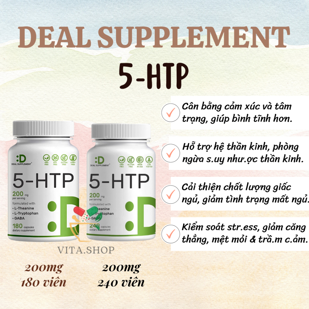 Deal Supplement 5-HTP 200mg - Viên uống giúp ngủ ngon, giảm căng thẳng, stress, cân bằng tâm trạng
