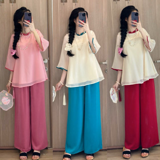  |Hình Chính Chủ| Set Áo Tơ Babydoll Phối Viền 2 Lớp Kèm Quần Lụa Đi Chùa Đi Chơi 