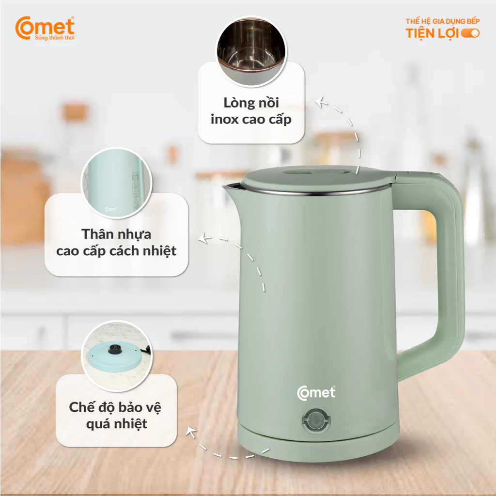 [Có hỏa tốc TPHCM ]  Bình đun siêu tốc 2 lớp 1.8L COMET - CM8226LG