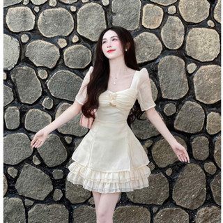 Váy Nữ Thiết Kế Cổ Vuông Tay Bồng Chiết Eo Dáng Xòe Phối Voan Nhún Bèo Tiểu Thư Sang Chảnh