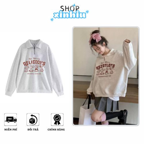 Áo Nỉ Nữ Sweater XINHIU SHOP Có Khóa Cổ Nỉ Hai Da Dày Dặn Form Oversize Mùa Đông Cổ Tròn