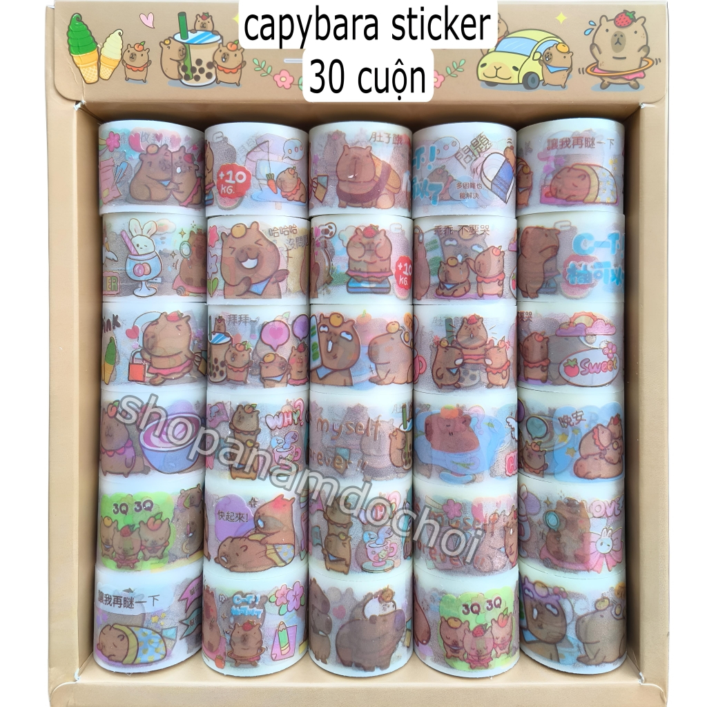 Khay 30 cuộn sticker capybara nhãn dán chuột lang nước bán tại shopanamdochoi.com