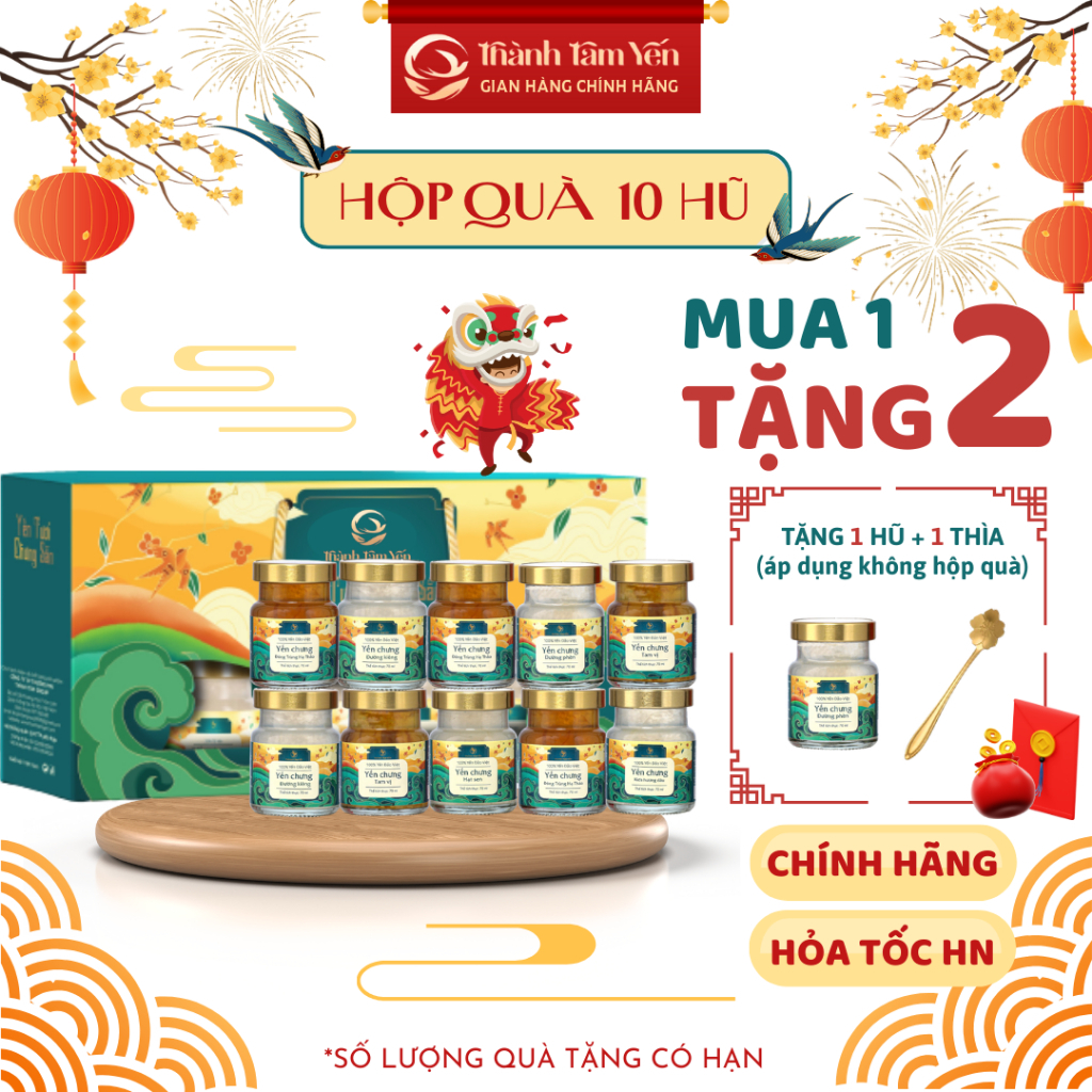[Set 10 Hũ 0.4gr] Hộp Quà Tết Tổ Yến Chưng Sẵn 30% hũ 70ml Thành Tâm Yến-Khánh Hòa-Quà Tết Cao Cấp-Quà Biếu Tặng