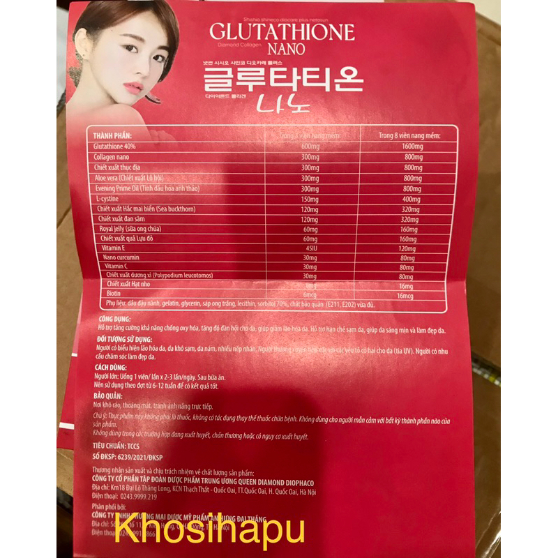 Viên uống trắng da Glutathione 16000mg Diamond Collagen Nano lô hội chống oxy hoá da đẹp da sáng mịn giảm nám 30v