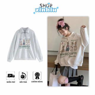  Áo Nỉ Nữ Sweater Có Khóa Cổ In Hình Thỏ Đáng Yêu Chất Liệu Nỉ Hai Da Dày Dặn Form Oversize 