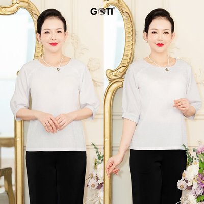 GOTI Thời Trang Quý Bà - Áo Nữ Trung Niên Cao Cấp Gấm Hoa Cổ Tròn Tay Lỡ Đính Nút Sang Trọng 3A51