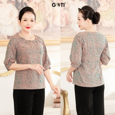GOTI Quà Tặng Mẹ Trung Niên U50 U60 - Áo Gấm Hoa Cổ Tròn Tay Lỡ Đính Nút Vai Thanh Lịch 3A51