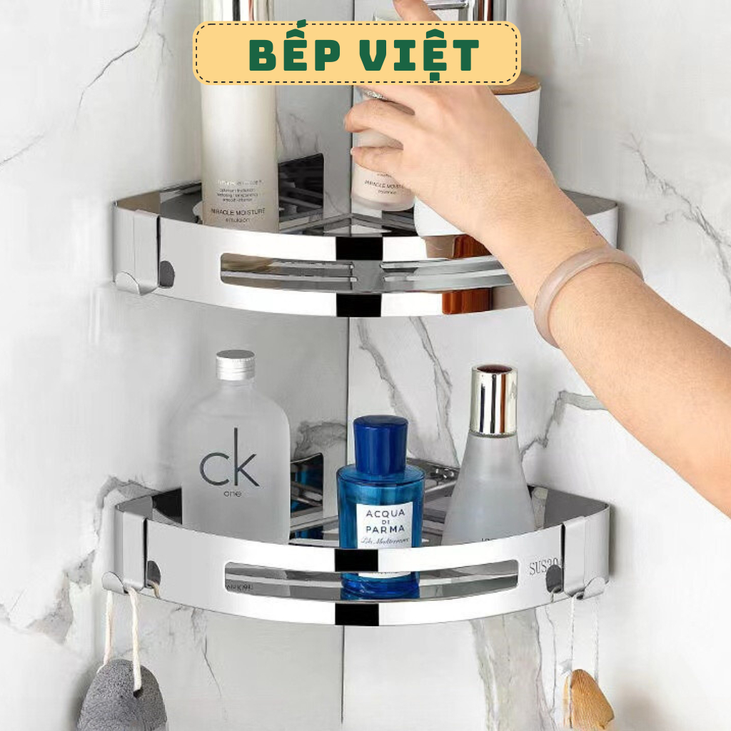 Kệ góc nhà tắm, kệ để đồ đa năng inox 304 bóng khoan đục kèm cả keo dán chịu lực tốt không han gỉ dùng cho nhà tắm