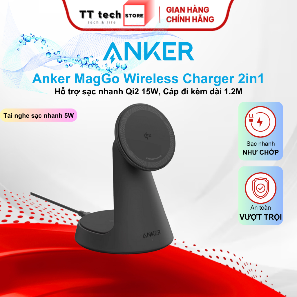 Đế sạc nhanh Anker MagGo Wireless A25M7 -Công nghệ Qi2 15W cho IP 12 seri trở lên và Ap watch >7- 5W