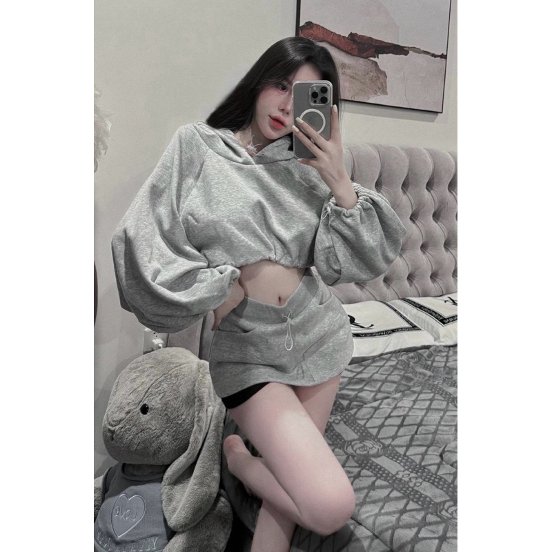 Set bộ 2 món croptop có mũ rút dây chân váy sẵn lót quần siêu chất hach dáng [ Không kèm quây ]