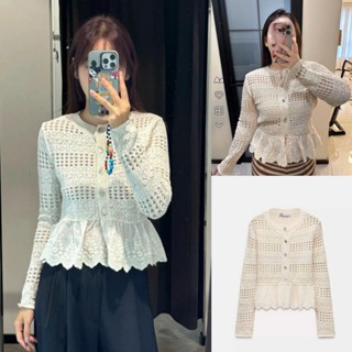 Áo len móc dài tay cúc giữa đục lỗ Zara xuất A346