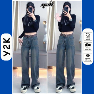 (SUÔNG NẤM LÙN) Quần Suông Nấm Lùn 9 Tấc 90cm Jean Cho Nữ Xuông Ống Rộng Túi Kiểu Y2K