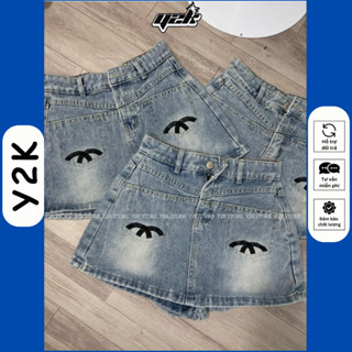 Quần váy JEAN nữ ngắn thêu Cánh Cò cạp cao dáng chữ A Y2K