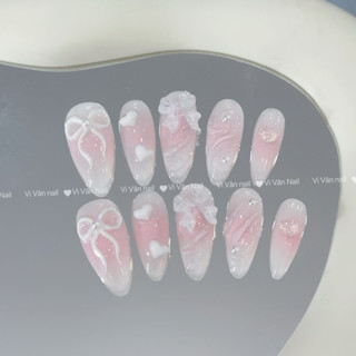 Nail box nơ nổi trắng ombre hồng