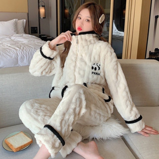  Bộ Đồ Ngủ Bông FreeSize  Bộ Bông Nỉ Gấu Panđann Trắng Giữ Nhiệt Bo Gấu Mặc Nhà Ấm 175 