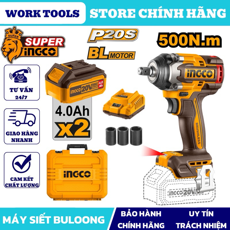 Máy siết bu lông dùng pin Ingco CIWLI2050 500Nm, không chổi than, 1/2", 20V