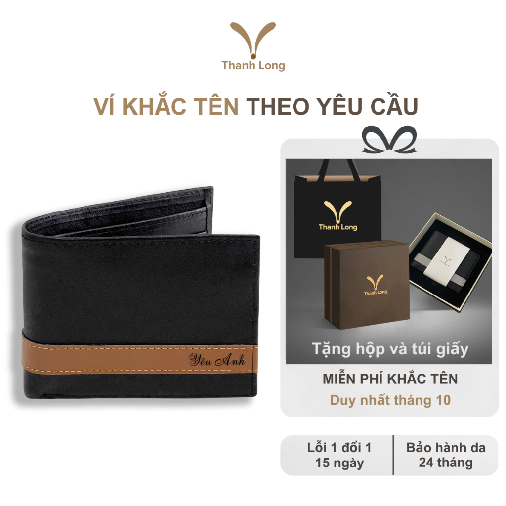 Ví nam khắc tên theo yêu cầu Thanh Long Leather Nappa phối viền da bò thật tặng kèm hộp và túi giấy làm quà tặng