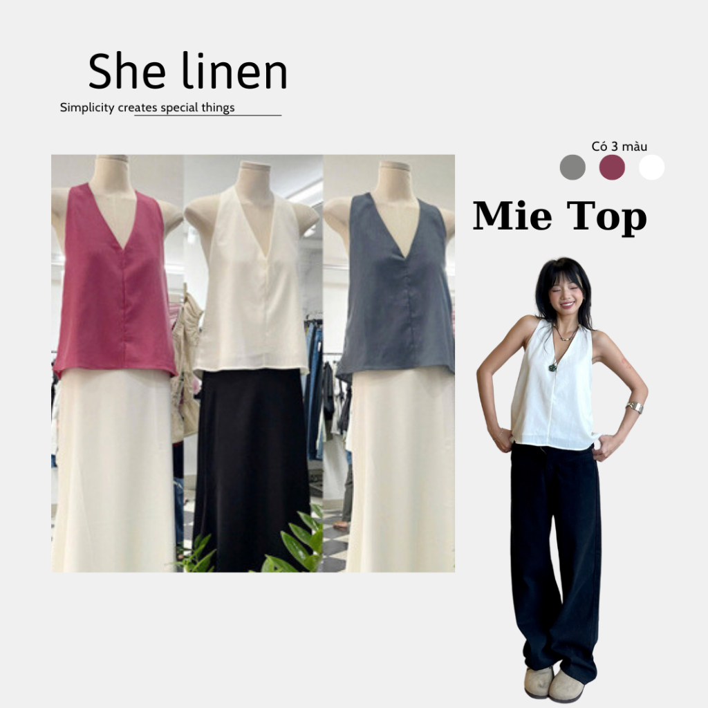 MIE TOP- Áo Yếm Cổ V Linen, Áo Kiểu Hở Lưng Linen She Linen