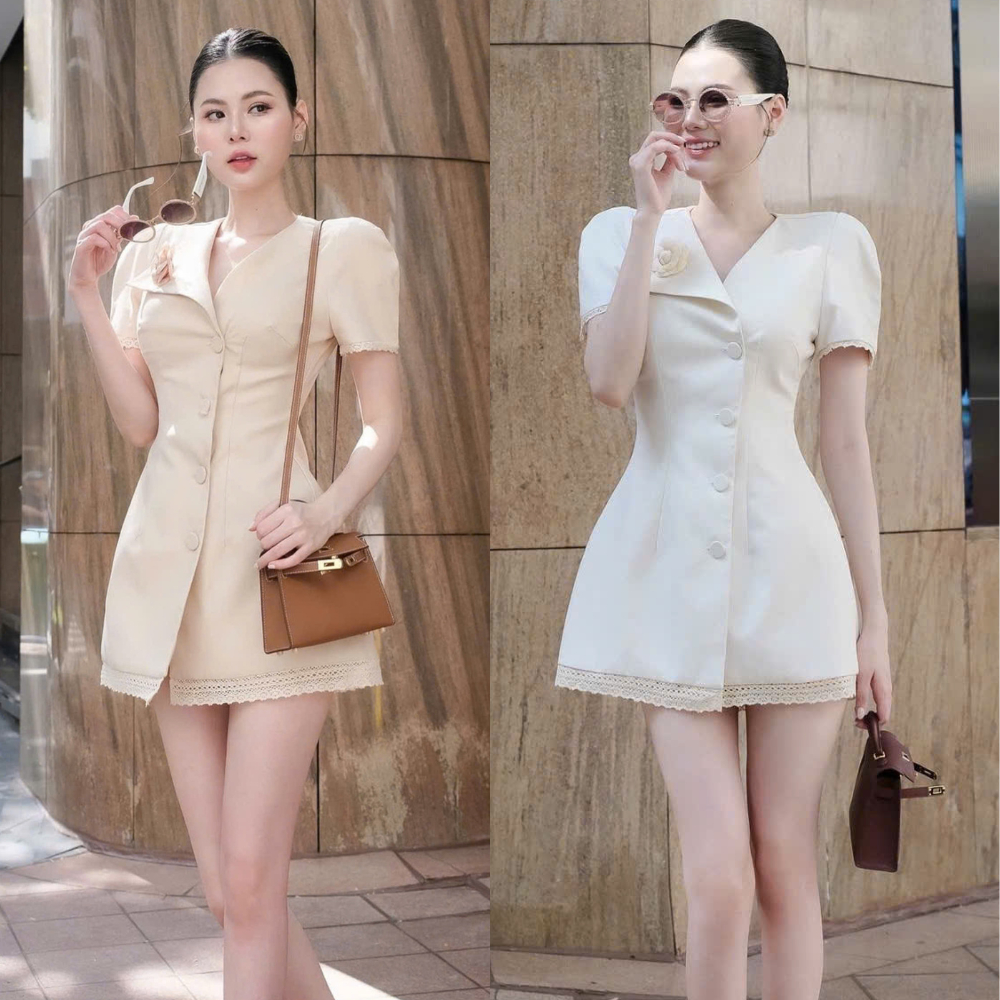 Đầm Cổ Vest Phối Ren KANGSOOSTORE, Váy Thiết Kế Đính Hoa Nhiều Màu Đẹp Sang Trọng Lịch Sự VKS0204