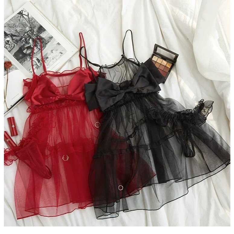 Váy ngủ 2 dây sexy DK20 vải voan xuyên thấu có nơ trước ngực kèm quần lót siêu gợi cảm