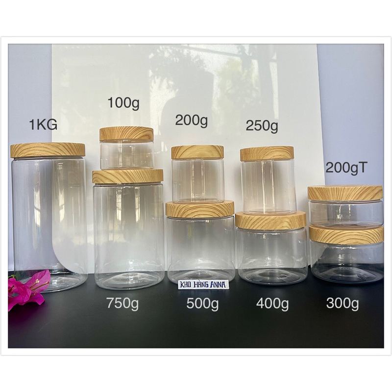 Hủ nhựa đựng kem (SET 5)/ Đựng gia vị - HỦ TRONG NẮP GỖ MÀU 100g 200g 300g 500g 1kg