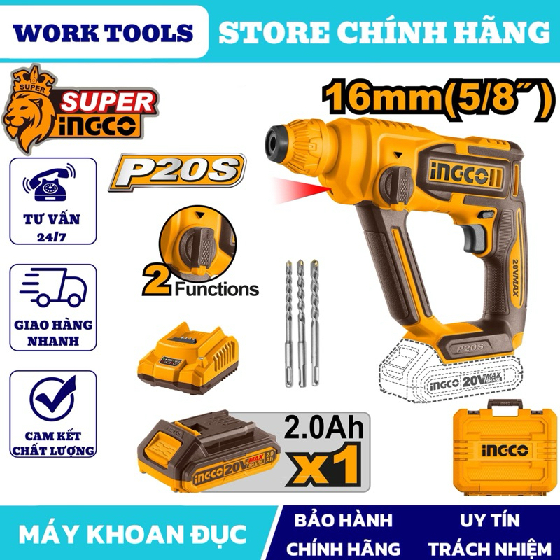 INGCO Máy khoan đục dùng pin 20V - 16m CRHLI201681 & CRHLI20168