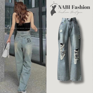Quần Jean Ống Suông Thêu Chữ B Rách Gối Cá Tính - Quần Bò Ống Rộng NABI Fashion Lên From Chuẩn Đẹp