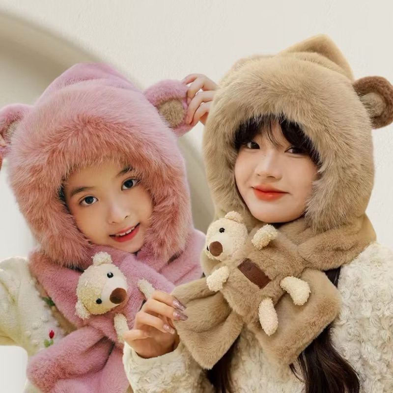Mũ len cho bé, Mũ len nữ kèm khăn quàng cổ có gấu bông cute dễ thương mũ lông cừu giữ ấm tai gấu