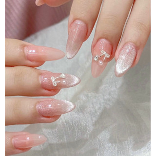  Nailbox thiết kế m52 móng úp form ngắn mắt mèo màu hồng thạch gắn nơ xinh xắn soobin nailbox 