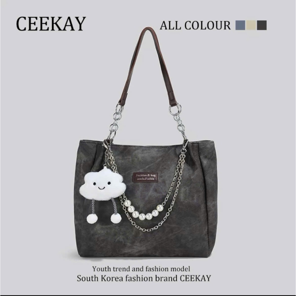 Túi Xách Ceekay Chính Hãng - Túi Đeo Vai Da Nhám Phối Dây Ngọc Trai Kèm Móc Gấu Thanh Lịch Cao Cấp Phù Hợp Mọi Lứa Tuổi