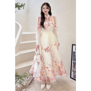 Set váy hoa dự tiệc thời trang nữ chân váy dài xòe phối áo tay dài mặc sang trọng vải voan có lót