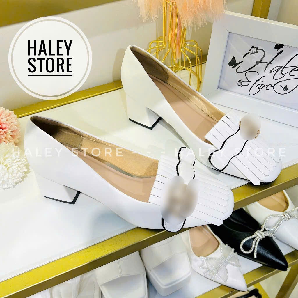 Giày búp bê marry gu gót vuông 7cm HALEY STORE quai ngang tua rua đính khóa vàng G tiểu thư công chú