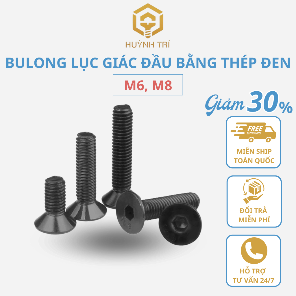Bulong lục giác đầu bằng Thép tôi đen cấp 10.9 Size M6, M8 Size 10mm - 60mm