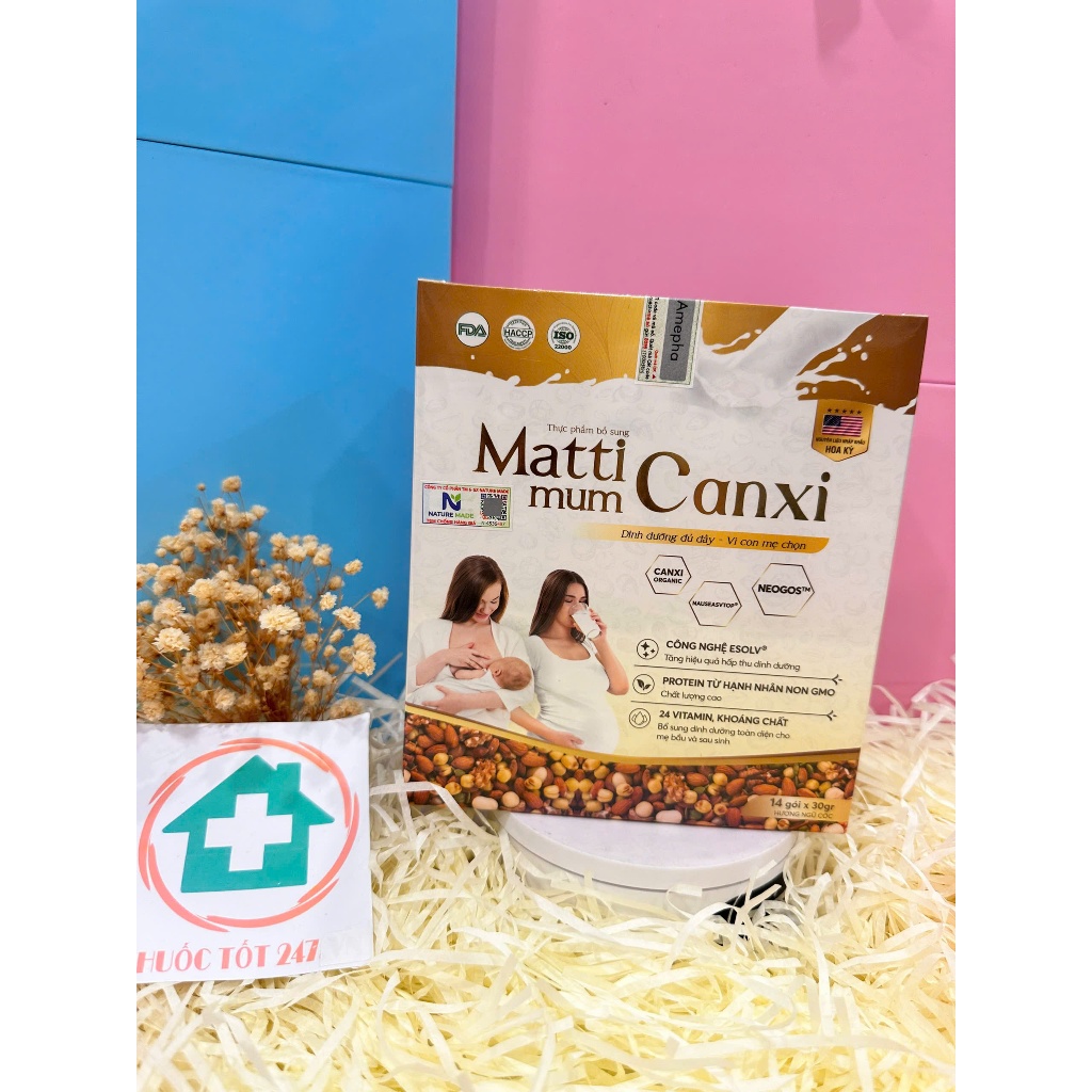 MATTI MUM CANXI Sữa hạt cho mẹ bầu và sau sinh 100% đạm thực vật đạt chứng nhận NON-GMO của Hoa Kỳ - Hộp giấy 14 gói