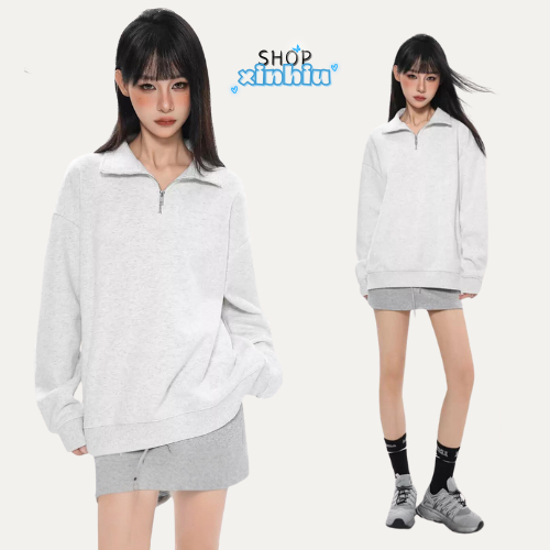 Áo Nỉ Sweater Nữ XINHIU SHOP Có Khóa Cổ Chất Liệu Dày Dặn Phong Cách Thời Trang Tối Giản Basic