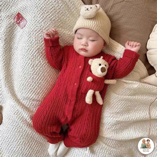 Quần Áo Trẻ Em, Bộ Áo Liền Quần Dài Tay Body Len Liền Thân Phối Gấu Cho Bé Trai Và Bé Gái Siêu Xinh (k mũ)