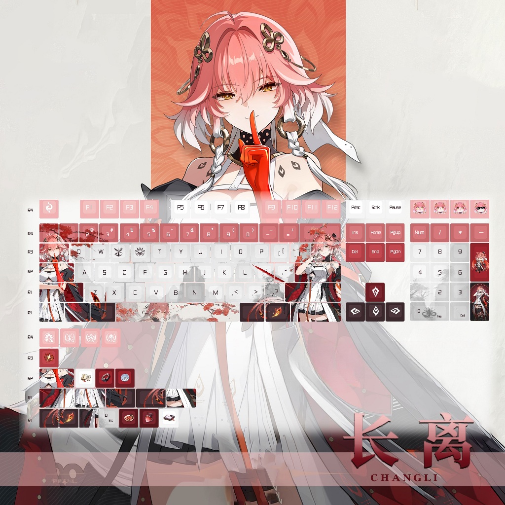 Keycap Wuthering Waves Changli thick PBT xuyên led in dyesub 5 mặt 129 phím anime layout keycaps genshin impact