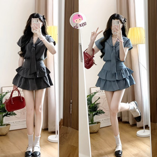 Set áo cộc tay cổ vest phối nơ thủy thủ kèm chân váy xixeoshop - S96