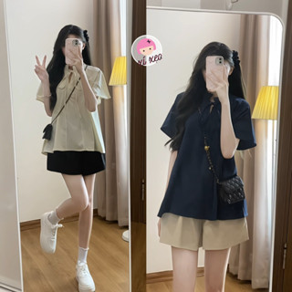 Set áo cổ tàu đũi sần cộc tay kèm quần short kaki xixeoshop - S150