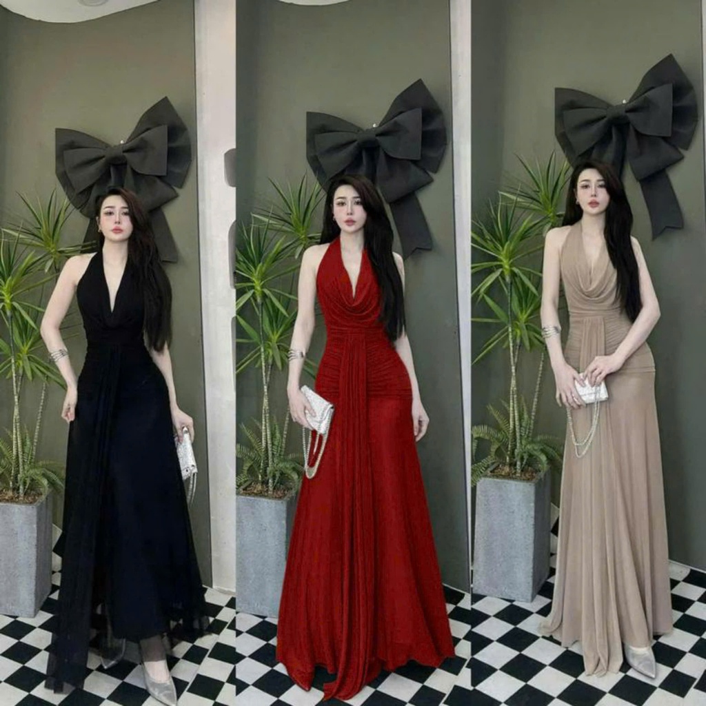 [Xòe Đuôi Cá] Đầm Body Thun Nhũ Hai Lớp Cổ Đổ Xẻ Sâu Hở Lưng Dáng Dài Thanh Lịch Phối Dây Tà Sang Chảnh Đầm Đi Tiệc H | BigBuy360 - bigbuy360.vn
