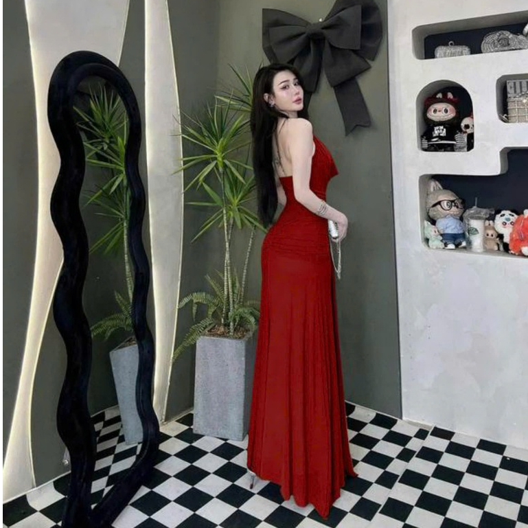 [Xòe Đuôi Cá] Đầm Body Thun Nhũ Hai Lớp Cổ Đổ Xẻ Sâu Hở Lưng Dáng Dài Thanh Lịch Phối Dây Tà Sang Chảnh Đầm Đi Tiệc H | BigBuy360 - bigbuy360.vn