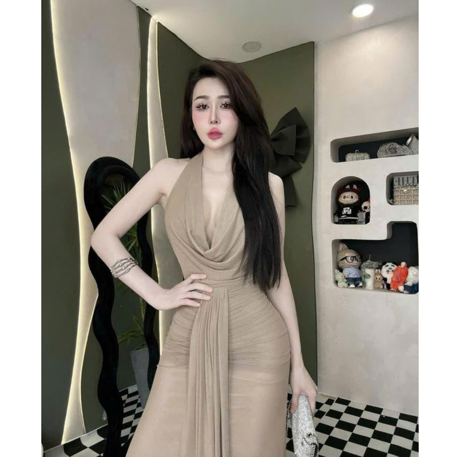 [Xòe Đuôi Cá] Đầm Body Thun Nhũ Hai Lớp Cổ Đổ Xẻ Sâu Hở Lưng Dáng Dài Thanh Lịch Phối Dây Tà Sang Chảnh Đầm Đi Tiệc H | BigBuy360 - bigbuy360.vn