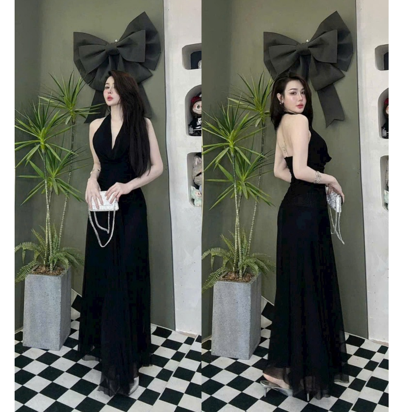 [Xòe Đuôi Cá] Đầm Body Thun Nhũ Hai Lớp Cổ Đổ Xẻ Sâu Hở Lưng Dáng Dài Thanh Lịch Phối Dây Tà Sang Chảnh Đầm Đi Tiệc H | BigBuy360 - bigbuy360.vn