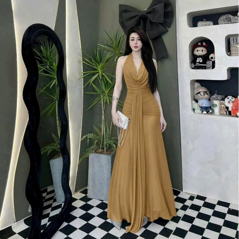 [Xòe Đuôi Cá] Đầm Body Thun Nhũ Hai Lớp Cổ Đổ Xẻ Sâu Hở Lưng Dáng Dài Thanh Lịch Phối Dây Tà Sang Chảnh Đầm Đi Tiệc H | BigBuy360 - bigbuy360.vn